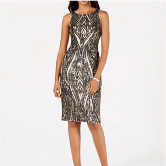 Adrianna Papell Sequin Mesh Cocktail Sheath Dress Festive Black & Nude Size 4 - Picture 1 of 6